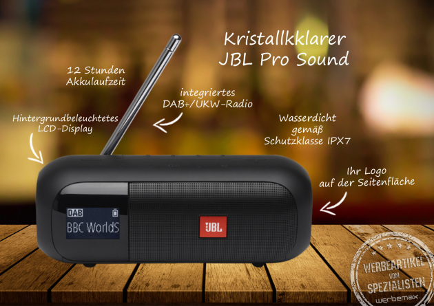 JBL Tuner 2 DAB+/UWW-Radio mit Bluetooth als Werbeartikel.