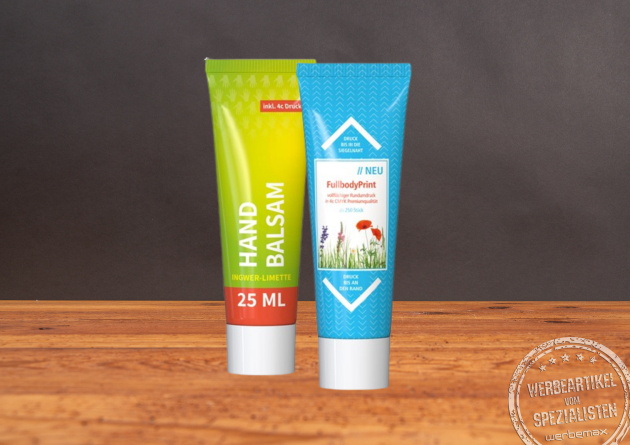 Handbalsam mit Werbedruck als Kundengeschenk.