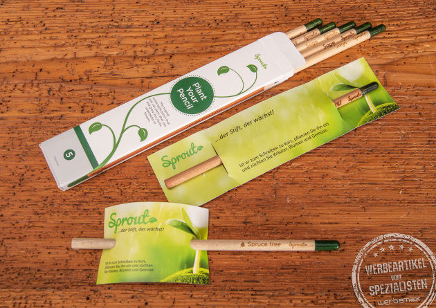 SPROUT Samenbleistifte mit verschiedenen Verpackungen als Werbegeschenk.