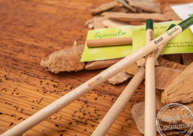 SPROUT Samenbleistift mit buntem Werbedruck als Giveaway.