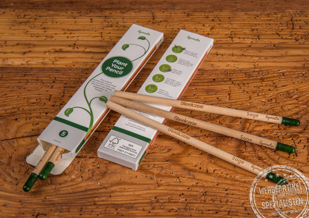 Sprout nachhaltiger Samenbleistift mit Logo als Werbeartikel.