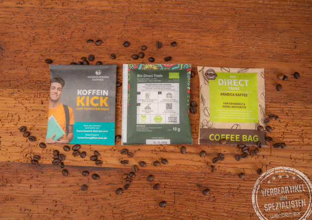 Drei Coffeebags bedruckt als Werbemittel