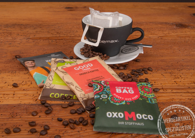 Coffeebags personalisiert mit Werbetasse als Werbeartikel.