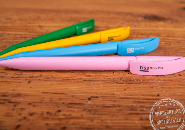 Werbemittel Kugelschreiber Prodir Ds3 biotic in vier unterschiedlichen Farben.