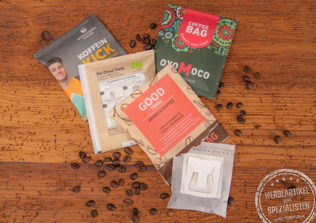 Vier Coffeebags bedruckt als Streuartikel.