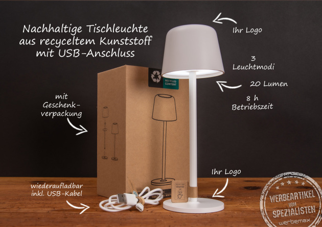 Wiederaufladbare Tischlampe Zenic in wei&szlig; mit 3 Lichtmodi
