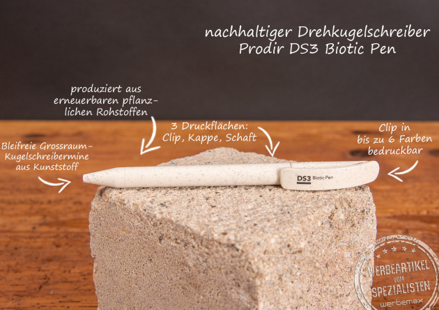 Produktbeschriftung zum nachhaltigen Drehkugelschreiber Prodir DS3 Biotic Pen.