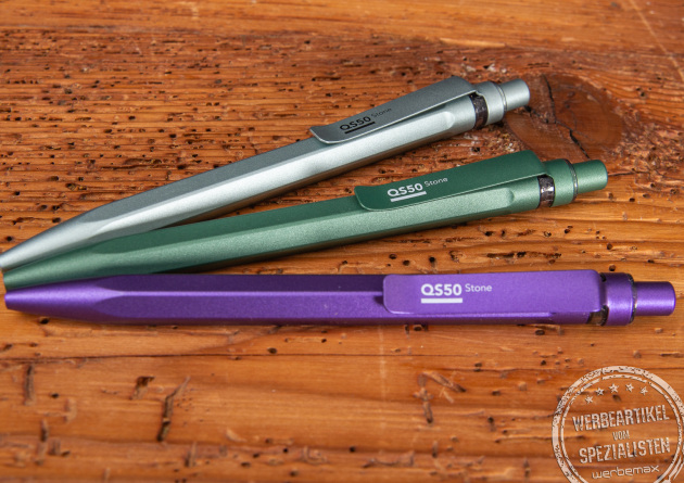 Werbemittel Kugelschreiber Prodir QS50stone in vier unterschiedlichen Farben.