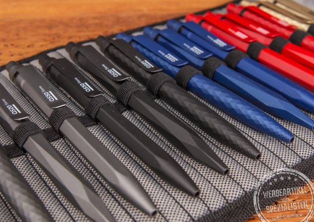 Mehrere Prodir QS20 Kugelschreiber mit Werbeanbringung.