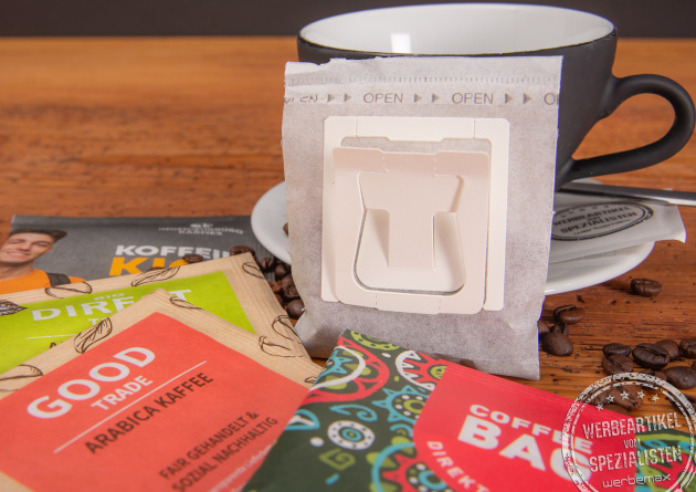 Coffeebags mit Logo als Werbegeschenk.