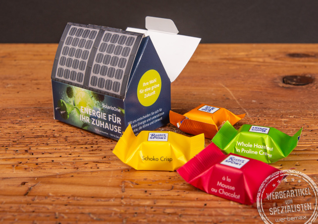 3D Pr&auml;sent Haus vollfl&auml;chig bedruckt mit F&uuml;llung als Werbeartikel.