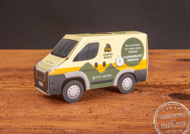 3D Pr&auml;sent Camper/Transporter vollfl&auml;chig bedruckt mit F&uuml;llung als Werbeartikel.
