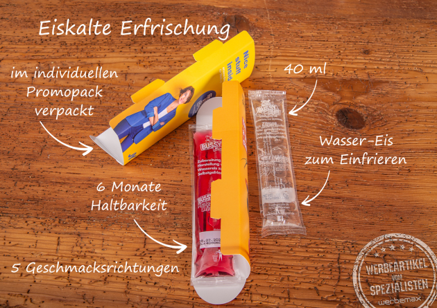 Bussy Wassereis für coole Sommer-Werbeaktionen. Jetzt in 5 Sorten als Werbegeschenk mit Logo verschenken. 