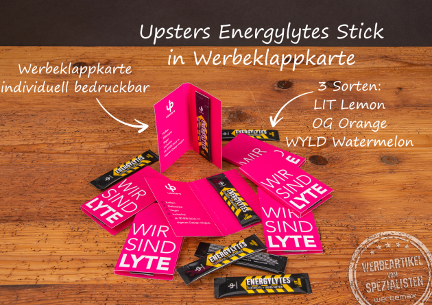 Upsters Energylytes Sticks in der vollflächig bedruckbaren Werbekarte. 