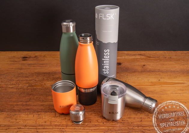 Innovatives Konzept einer Thermoskanne von FLSK - Trinkflasche aus Edelstahl mit abnehmbaren Becher.