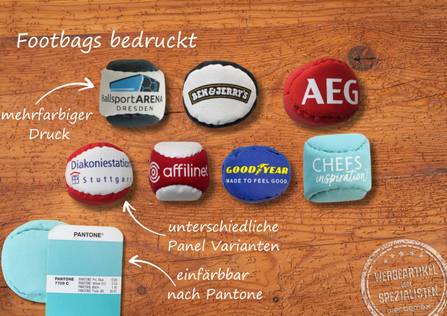 Footbags bedruckt als Werbeartikel f&uuml;r Messen.