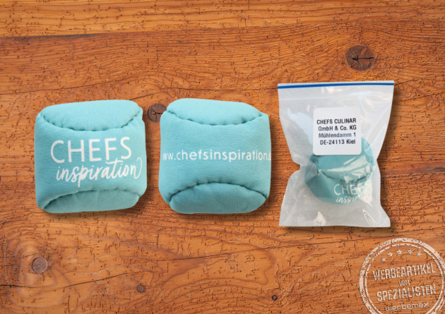 Hacky Sack individuell eingef&auml;rbt und mit Logo bedruckt als Streuartikel.