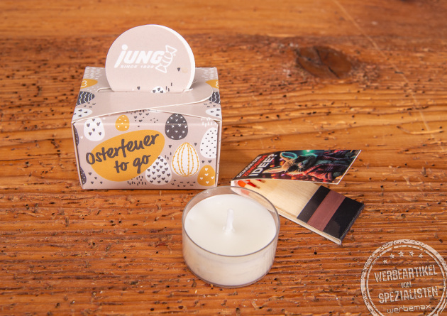 Geschenkbox Mini rund mit F&uuml;llung Streichh&ouml;lzer und Teelicht als Giveaway.