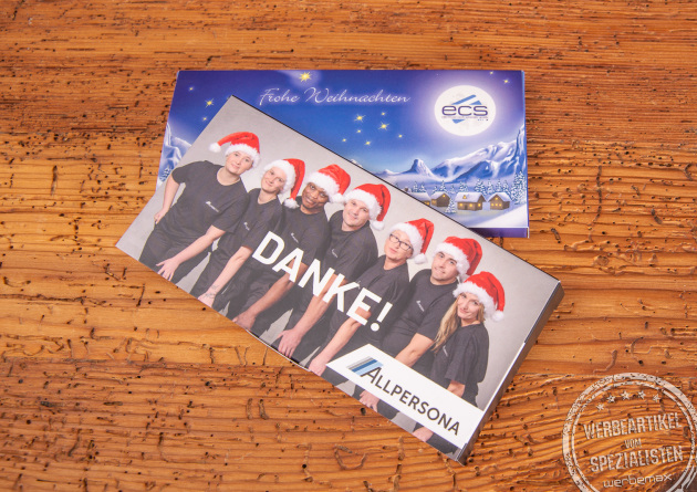 Zwei Schokogru&szlig;karten individuell bedruckt Referenzen ecs und Allpersona.