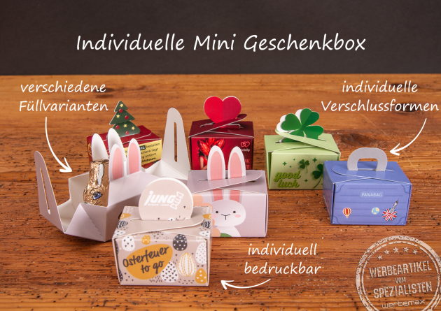 Individuelle Mini Geschenkbox mit unterschiedlichen Verschlussformen und Füllungen.