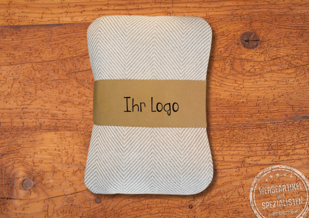 Beige-wei&szlig;e Kuscheldecke Ocean Towel HOME mit Werbebanderole als Kundengeschenk.