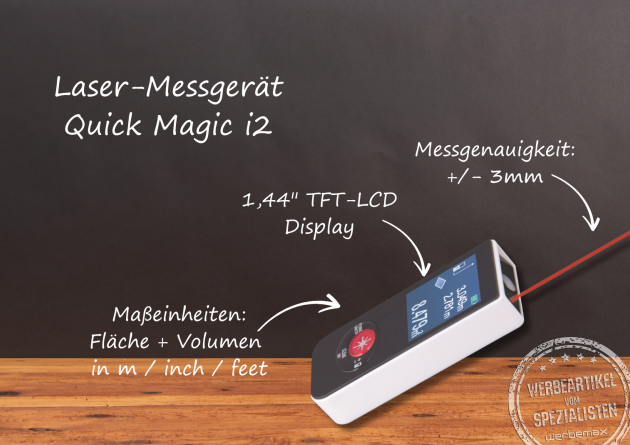 Laser-Messgerät Quick Magic i2 als Werbeartikel.
