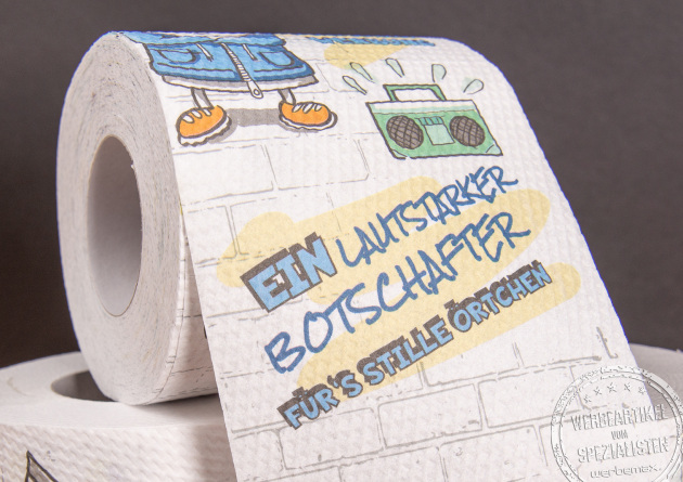 Detailansicht vom Toilettenpapier als lustiger Werbeartikel. Bedrucktes Klopapier mit Ihrem Logo.