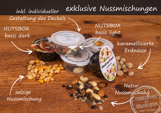 Exklusive Nussmischungen von Nutsbox als Werbeartikel.