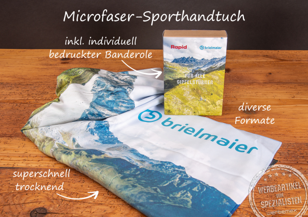 Microfaser Sporthandtuch individuell bedruckt als Werbeartikel.