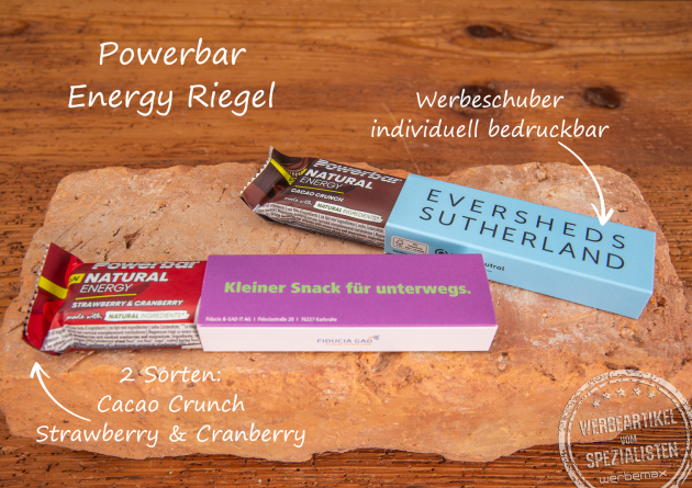 Powerbar Energyriegel als Messeartikel oder Werbegeschenk für jede Zielgruppe.