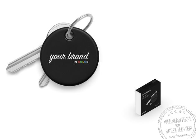 Schlüsselfinder mit Logo in schwarz als Merch mit individueller Verpackung freigestellt.