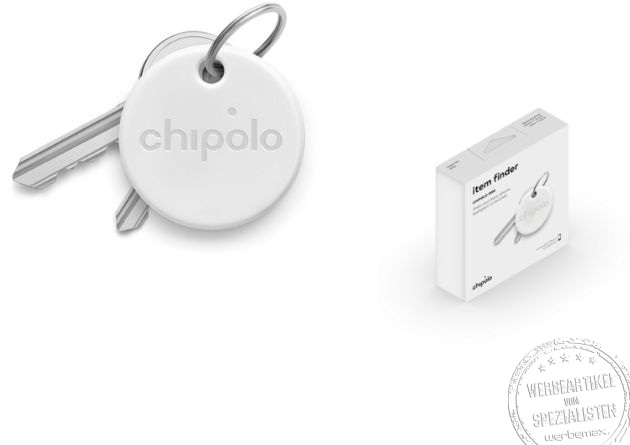 Weißer Chipolo Key Pop Schlüsselfinder mit Logodruck und Verpackung als Werbemittel mit weißem Hintergrund.