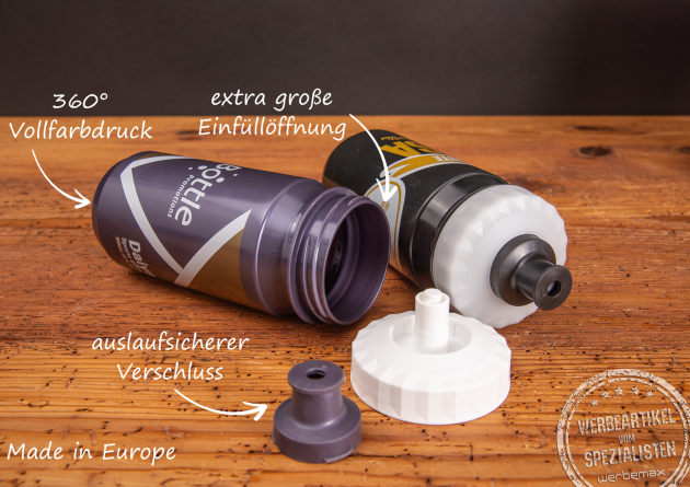 Sporttrinkflasche vollflächig bedruckt als Werbeartikel.