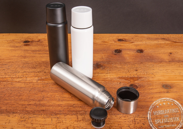 Sigg Thermosflasche in weiß, schwarz und silber als Werbeartikel. 