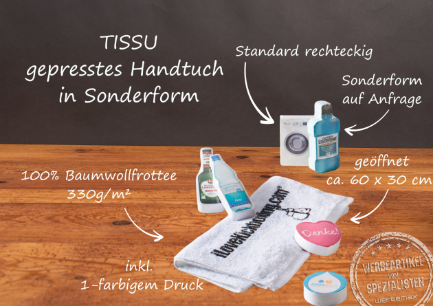 TISSU gepresste Handt&uuml;cher in Sonderform mit Logodruck.