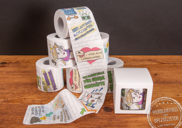 Individuell bedrucktes Klopapier mit Ihrem Logo. So lustig kann Marketing sein, kreativ und witzig werben mit einem lustigen Werbeartikel f&uuml;r jeden Tag.