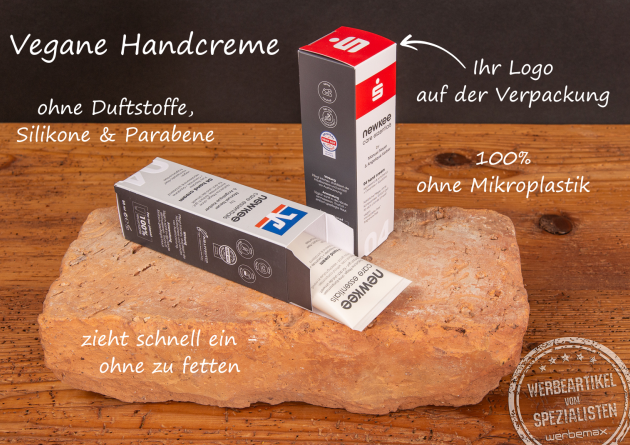 Hochwertiges Handbalsam von Newkee mit Ihrem Logo als hochwertiges Werbegeschenk am Beispiel von Sparkasse und Raiffeisenbank