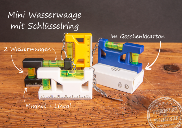 Mini Wasserwaage mit Schl&uuml;sselring und Geschenkkarton als Streuartikel.