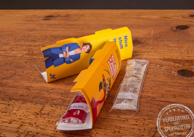 Wassereis von Bussy im gestaltbaren Promopack aus Karton. Jetzt in 5 Sorten als Mailingartikel oder für Bewerbermessen rausgeben.