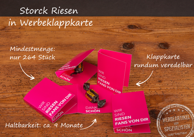 Verschenken Sie Riesen-Freude mit Ihrem Logo. Die leckeren Storck Riesen jetzt in der Einzelklappkarte als Mailingartikel.