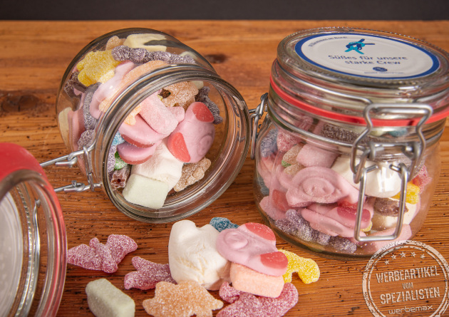 Referenz Teamgeschenk S&uuml;&szlig;igkeiten im B&uuml;gelglas vom Zuckerb&auml;cker.