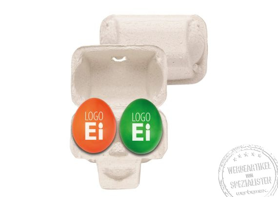 2 Logoeier im Mini-Eierkarton mit Logodruck auf dem Ei sowie auf der Kartonage