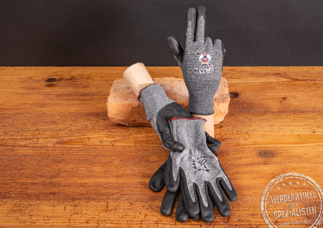 Bedruckte Arbeitshandschuhe als Werbegeschenk für Handwerker.