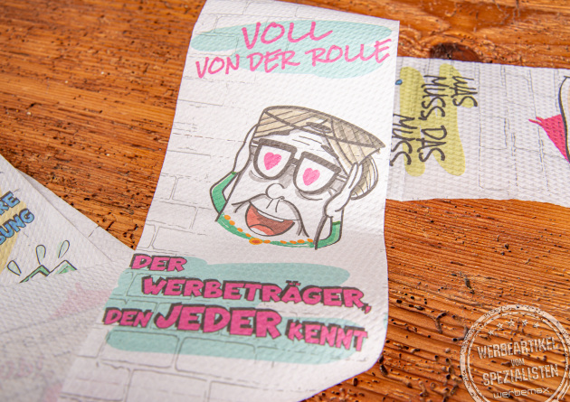 Bedrucktes Klopapier als Werbeartikel.