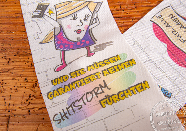 Voller Humor bedrucktes Toilettenpapier als Werbemittel.