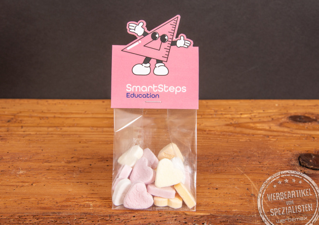 Brauseherzen als s&uuml;&szlig;e F&uuml;llung f&uuml;r die individuelle Standbodent&uuml;te mit Logo und Wunschformat.