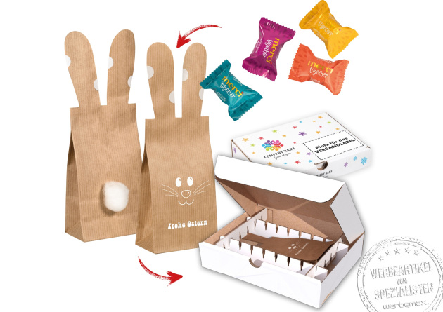 Bunny Bag aus Kraftpapier mit Merci Marken-F&uuml;llung und Mailingbox f&uuml;r optimierten Einzelversand freigestellt.