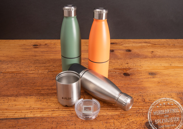 FLSK Thermoflasche mit Becher als Werbeartikel.