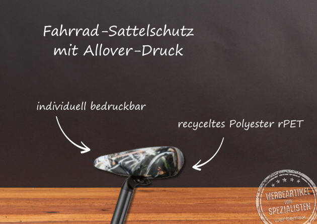 Individuell bedruckter Sattelbezug als Werbeartikel.