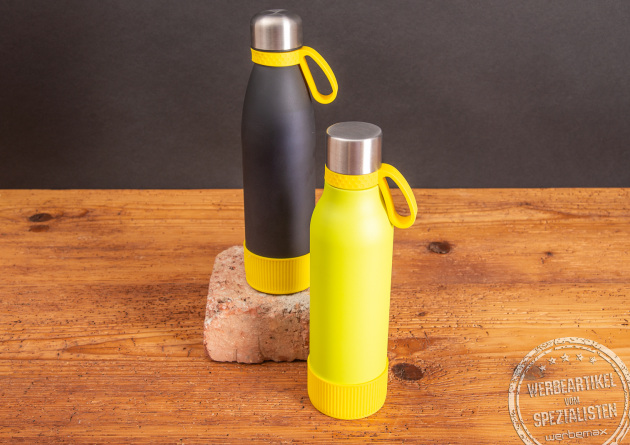 Zwei Edelstahl Trinkflaschen als Werbeartikel.